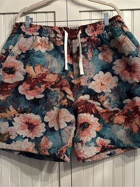 Men's Floral Tapestry Drawstring Chino Shorts in Teal & Coral w/Pockets XXL